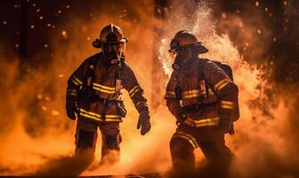 pompiere salvare squadra formazione nel fuoco combattente estintore ai generato foto