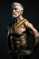 un' muscolare vecchio uomo indossare robot super eroe Abiti in posa precipitosamente foto