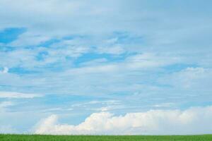 verde prato con blu cielo e soffice nuvole su il orizzonte foto