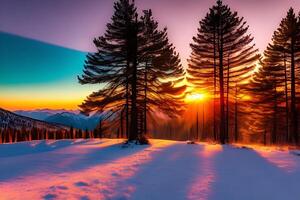 un' tramonto nel il montagne con un' albero nel il primo piano ai generativo sfondo foto