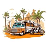 un illustrazione di un' furgone e un' motociclo nel davanti di palma alberi generativo ai foto