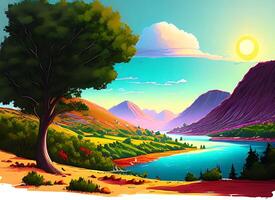 un' pittura di un' montagna paesaggio con un' albero nel il primo piano e il sole generativo ai foto