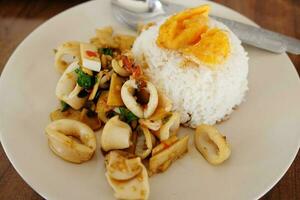 al vapore riso sormontato con fritte calamaro con basilico le foglie e fritte uovo su bianca piatto è famoso tailandese cibo. foto