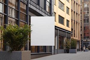 un' vuoto bianca piazza metallo cartello finto su nel moderno urbano con generativo ai foto