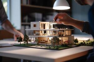 un' persona lavori con il modello Casa nel il ufficio nel il stile di architettonico con generativo ai foto