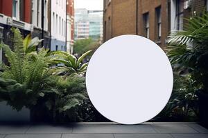 un' vuoto bianca il giro metallo cartello finto su nel moderno urbano con generativo ai foto