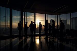 silhouette attività commerciale persone Lavorando a luminosa ufficio con generativo ai foto
