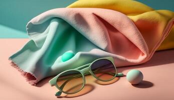 spiaggia asciugamano e occhiali da sole nel estate concetto con generativo ai foto
