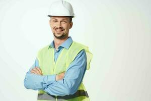 uomo nel costruzione uniforme bianca casco sicurezza studio foto