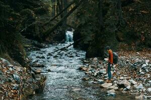 viaggiatore con zaino paesaggio montagne trasparente fiume stagno e foresta nel il sfondo foto