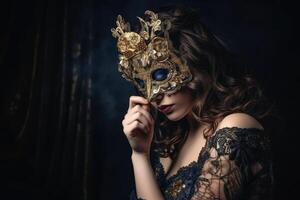 un' bellissimo donna nel un elegante vestito con un' veneziano carnevale maschera creato con generativo ai tecnologia. foto