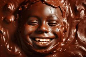 un' contento Childs viso fatto di cioccolato creato con generativo ai tecnologia. foto