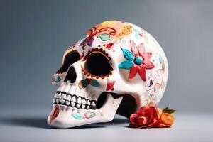 un' cranio per dia de los muertos su leggero sfondo creato con generativo ai tecnologia. foto