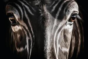 vicino su ritratto di ipnotizzante zebra fotografia creato con generativo ai tecnologia foto