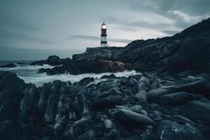 lungo esposizione di un' roccioso costa con un' faro su esso creato con generativo ai tecnologia. foto