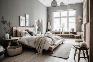 un' Camera da letto con un' scandinavo Guarda e di legno mobilia nel leggero colori creato con generativo ai tecnologia. foto