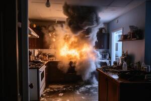 Fumo e fuoco durante un incidente nel un' cucina creato con generativo ai tecnologia. foto