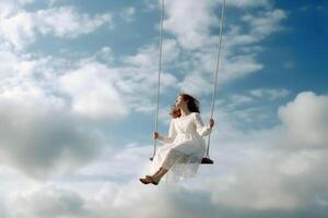 un' donna su un' swing quello altalene nel il cielo creato con generativo ai tecnologia. foto