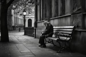 un' solitario e triste persona seduta su un' panchina creato con generativo ai tecnologia. foto
