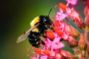 vicino su di un' bombo su un' colorato fiore creato con generativo ai tecnologia. foto