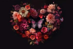 un' san valentino giorno cuore di fiori e farfalle su un' buio backgroundcreated con generativo ai tecnologia. foto