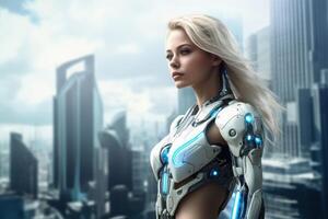 un' bellissimo femmina cyborg nel davanti di un' futuristico città creato con generativo ai tecnologia. foto