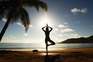 un' giovane donna fa yoga nel il sole a un' tropicale spiaggia creato con generativo ai tecnologia. foto