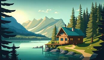accogliente di legno case montagna lago ai generato foto