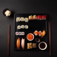 appena fatto Sushi rotoli isolato su un' nero sfondo, Perfetto per cibo a tema disegni. cibo manifesto modello. generativo ai foto