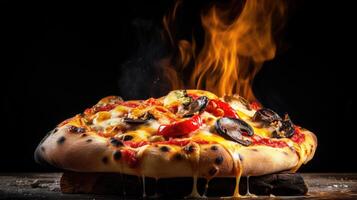 legna licenziato Pizza con salame, Pepe e formaggio su un' di legno tavola con Fumo e fiamme. nero sfondo. generativo ai foto
