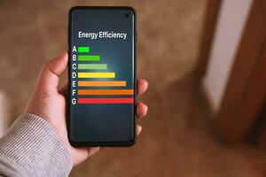 donna di mano detiene un' smartphone con un' energia efficienza valutazione etichette su schermo. Basso consumo e efficiente prodotti. ridurre carbonio orma. verde eco-friendly attività commerciale. Basso co2 emissioni. foto