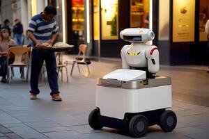 cibo consegna robot è guida su il marciapiede. generativo ai illustrazione foto