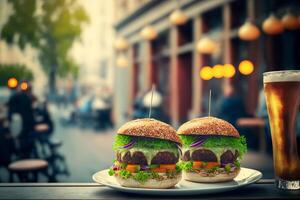 Due delizioso vegano hamburger di lenticchia e verdure su di legno tavolo di un' strada bar. gustoso cibo avvicinamento. generativo ai illustrazione foto