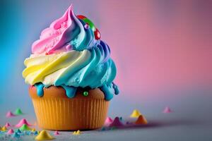 Magia arcobaleno Cupcake con crema, decorato con spruzzatori e frutti di bosco. generativo ai illustrazione foto