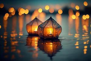 carta lanterne galleggiante su buio acqua. tradizionale galleggiante lanterna Festival, memoriale giorno. generativo ai illustrazione foto