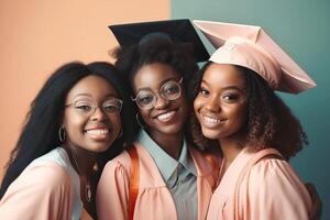 gruppo di bellissimo nero americano giovane donna indossare un' la laurea cap. studia, formazione scolastica, diplomato concetto. generativo ai illustrazione foto