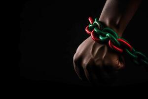 diciannovesimo nazionale indipendenza giorno celebrazione concetto. un' mano è incatenato con rosso verde catena. generativo ai illustrazione foto