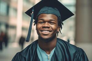 ritratto di nero americano giovane uomo indossare un' la laurea cap. studia, formazione scolastica, diplomato concetto. generativo ai illustrazione foto