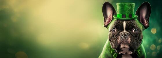 francese bulldog nel un' verde brillante cappello su un' festivo bokeh striscione. santo Patrick giorno festa concetto. generativo ai illustrazione foto