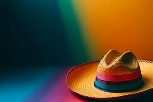 cinco de mayo vacanza sfondo. messicano cactus e festa sombrero cappello su arcobaleno pendenza sfondo. generativo ai illustrazione foto