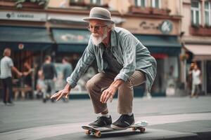 elegante maturo uomo skateboarder andare con lo skateboard giù il città strada. generativo ai illustrazione foto