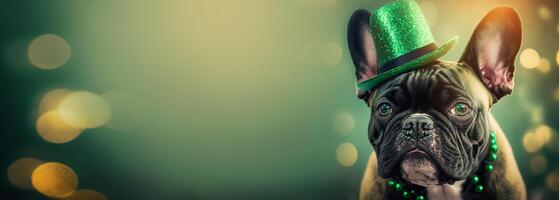 francese bulldog nel un' verde brillante cappello su un' festivo bokeh striscione. santo Patrick giorno festa concetto. generativo ai illustrazione foto