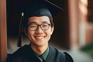ritratto di asiatico americano giovane uomo indossare un' la laurea cap. studia, formazione scolastica, diplomato concetto. generativo ai illustrazione foto
