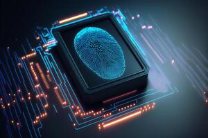 biometrica identificazione e informatica sicurezza concetto. raggiante neon impronta digitale su buio sfondo. generativo ai illustrazione. foto