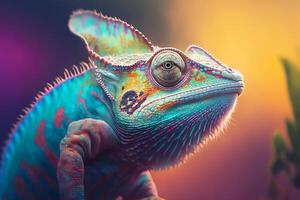 avvicinamento ritratto di un' camaleonte con luminosa esotico pelle nel colorato colori. generativo ai illustrazione foto