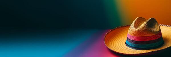 cinco de mayo vacanza sfondo. messicano cactus e festa sombrero cappello su arcobaleno pendenza striscione. generativo ai illustrazione foto