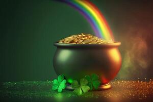 pentola di oro monete, trifoglio le foglie e arcobaleno. st. Patrick giorno concetto. generativo ai illustrazione foto