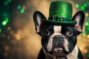 francese bulldog nel un' verde brillante cappello su un' festivo bokeh sfondo. santo Patrick giorno festa concetto. generativo ai illustrazione foto