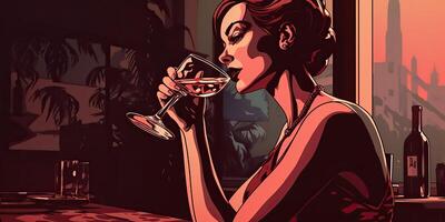 ai generato. ai generativo. retrò Vintage ▾ bella donna con rosso vino bicchiere a notte festa pub. romantico noir film vibrazione. grafico arte illustrazione. foto