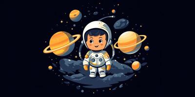 ai generato. 2d ragazzo ragazzo persona uomo personaggio a Luna galassia. astronauta nel galassia spazio. ai generativo. grafico arte foto